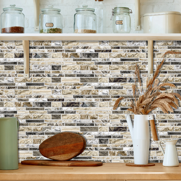 12 PCS Imitation Marble Pattern Taupe Kitchen Stickers Wallpaper Peel And Stick Self Adhesive Wall Stickers For Kitchen, Bathroom Back Panel/Renovation/Decoration Waterproof And Oil Resistant-15