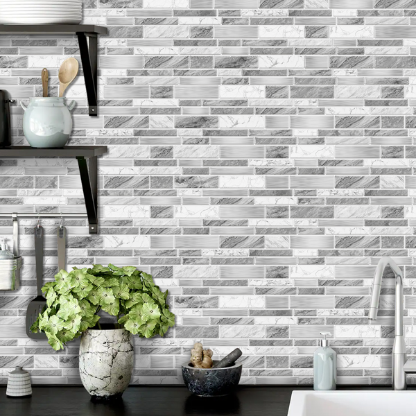 24 PCS Irregular Shape Modern Gray Marble Pattern Peel And Stick Wallpaper (4.72*9.68inch) Kitchen Bathroom Tiles Stickers Suitable For Wall Decoration And Renovation Remove Without Leaving Glue-10