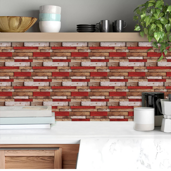 12 Pcs Retro Red Shaped Wood Grain Self-Adhesive Wallpaper PVC Waterproof Oil Proof Detachable Without Leaving Glue Country Style For Kitchen,Bathroom ,Can Be Cut At Will Decoration Wall Wallpaper-5
