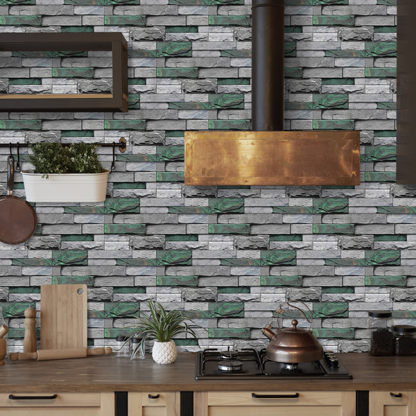 12 Pcs Realistic Green Stone Brick Peel And Stick Wallpaper Removable Self-Adhesive PVC Waterproof And Moisture-Proof Easy Diy Installation For Kitchen Backsplash, Walls, Bathroom Wall Decoration-10
