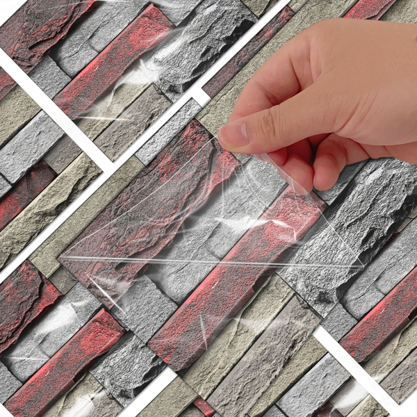 12 Pcs Red Stone Brick Marble Wall Sticker Peel And Stick Wallpaper,PVC Easy To Clean And Water Resistant , For Kitchen Bathroom Backsplash Wall Decoration,(5.91*11.81inch) Retro Wall Stickers-7