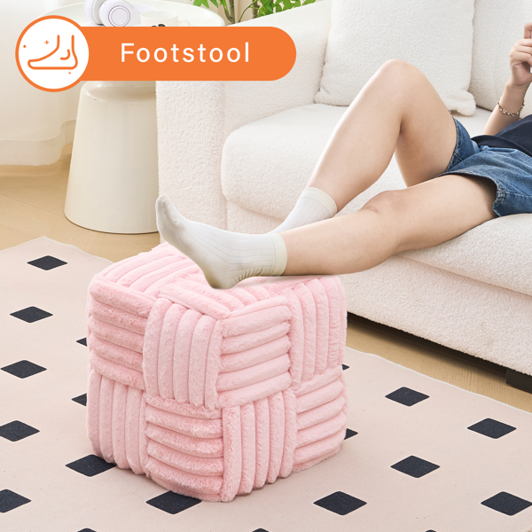 Square Ottoman Foot Stool Corduroy Vanity Chair Bench with Padded Woven Footrest for Entryway Living Room Hallway Pink-5