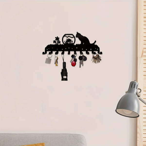 Adorable Kitty - Inspired Metal Wall - Mounted Rack Boasting 10 Hooks, Ideal Decorative Organizer for Walls. Practical and Stylish. Utility Hooks.-6