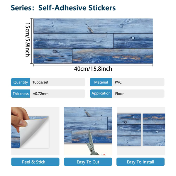10 Pcs Blue Wood Grain Flooring, Peel And Stick Floor Tile, PVC Self-Adhesive DIY Flooring Removable And Waterproof Tile Sticker For Bathroom, Kitchen, Living Room, Bedroom Floor Decoration-3