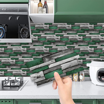 48 Pcs Green Vintage Wood Grain Sticker Peel And Stick Wallpaper,4.72*9.69 Inch,PVC Hanging DecorativeTiles Waterproof,moisture-proof,and oil proof For Kitchen Wall Bathroom Wall Renovation Decoration