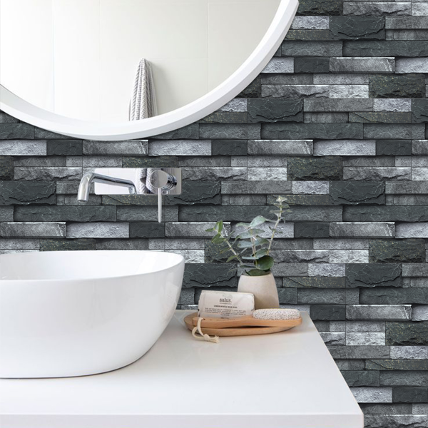 12 Pcs Black Gray Stone Brick Peel And Stick Wallpaper Home Decor Waterproof Self-Adhesive Stickers For Bathroom Kitchen Living Room Backsplash Detachable Without Leaving Glue Easy Installtion-9