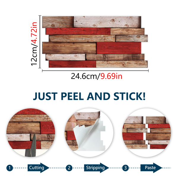 12 Pcs Retro Red Shaped Wood Grain Self-Adhesive Wallpaper PVC Waterproof Oil Proof Detachable Without Leaving Glue Country Style For Kitchen,Bathroom ,Can Be Cut At Will Decoration Wall Wallpaper-4
