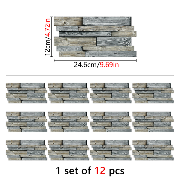 12 Pcs/Set Irregular Color Blocked Wood Grain Peel And Stick Wallpaper PVC Water Resistant  And Oil Proof Hanging Decorative Tiles For Kitchen Bathroom, 4.72*9.69inch Grey,Retro Wall Paper-2