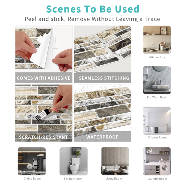 12 PCS Imitation Marble Pattern Taupe Kitchen Stickers Wallpaper Peel And Stick Self Adhesive Wall Stickers For Kitchen, Bathroom Back Panel/Renovation/Decoration Waterproof And Oil Resistant-9