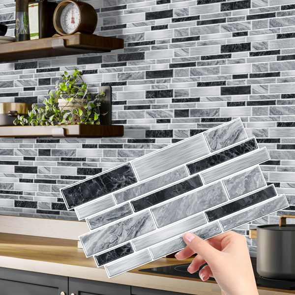 12 PCS Modern Style Alien Marble Pattern Effect PVC Stickers Peel And Stick Wallpaper Waterproof And Oil Resistant, Easy To Maintain Grey And Black Bathroom Kitchen Wall Decor|Interlocking Design-2