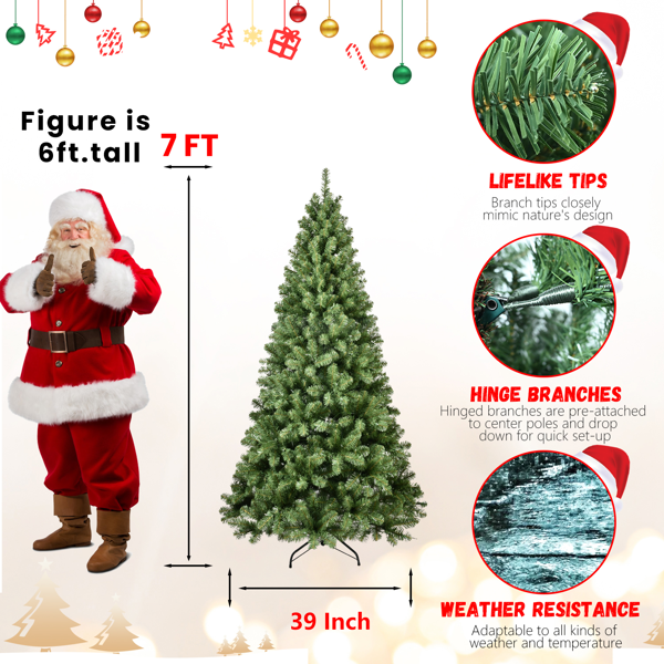 Artificial 7ft Green LED-lit Christmas Tree with 1072PVC Mixed Branch Tips,Hinged Premium & Foldable Base for Indoor Holiday Decorating-3