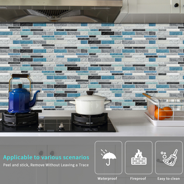 12 PCS Marbled Effect Waterproof Oil-Proof Peel And Stick Tile Stickers Blue Green For Kitchen Bathroom Laundry Room Wall Decor, Bathroom Wall Stickers Wall Decoration (12*24.6cm/4.72*9.68inch)-3