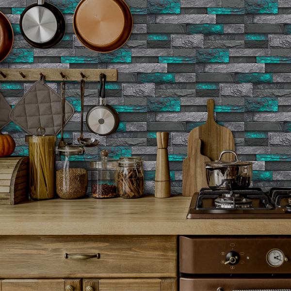 12 Pcs Modern Green Peel And Stick Wallpaper Removable Self-Adhesive PVC For Home Decoration (5.91x11.81 Inch) Easy Installation No Tools Needed, Bathroom Decor, Kitchen Backsplash,Contemporary Design-14