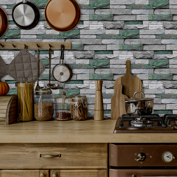 12 Pcs Realistic Green Stone Brick Peel And Stick Wallpaper Removable Self-Adhesive PVC Waterproof And Moisture-Proof Easy Diy Installation For Kitchen Backsplash, Walls, Bathroom Wall Decoration-15
