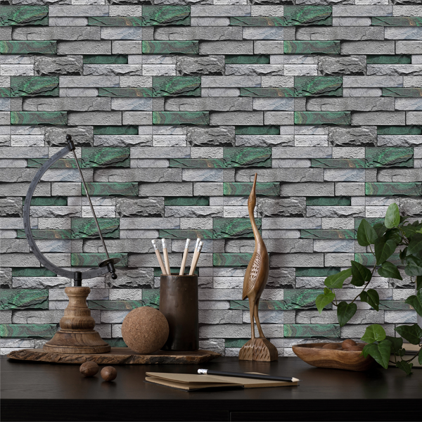 12 Pcs Realistic Green Stone Brick Peel And Stick Wallpaper Removable Self-Adhesive PVC Waterproof And Moisture-Proof Easy Diy Installation For Kitchen Backsplash, Walls, Bathroom Wall Decoration-13