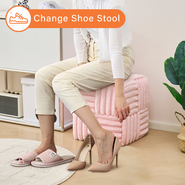Square Ottoman Foot Stool Corduroy Vanity Chair Bench with Padded Woven Footrest for Entryway Living Room Hallway Pink-4