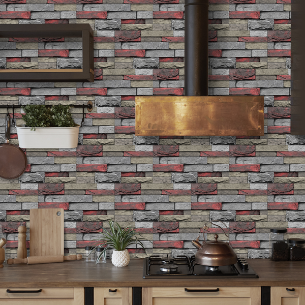 12 Pcs Red Stone Brick Marble Wall Sticker Peel And Stick Wallpaper,PVC Easy To Clean And Water Resistant , For Kitchen Bathroom Backsplash Wall Decoration,(5.91*11.81inch) Retro Wall Stickers-13