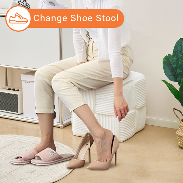 Square Ottoman Foot Stool Corduroy Vanity Chair Bench with Padded Woven Footrest for Entryway Living Room Hallway White-4
