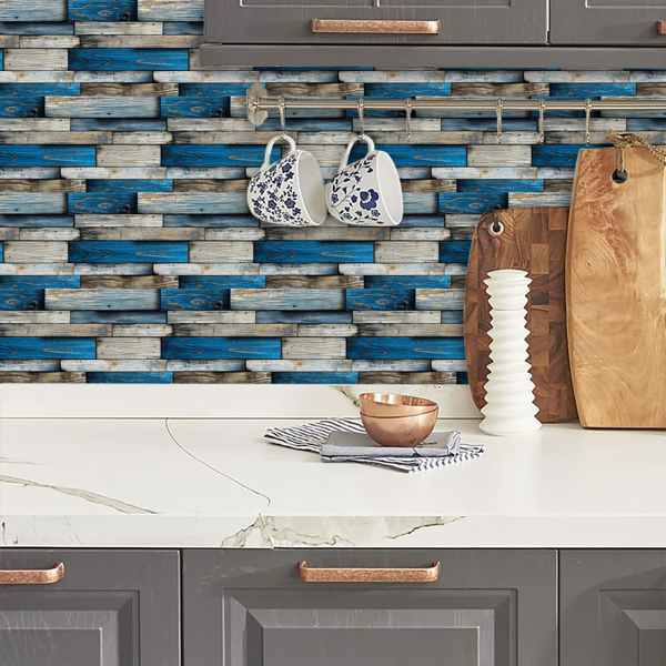12 Sheets Self Adhesive Blue Irregular Wood Grain Peel And Stick Wallpaper PVC Hanging Decorative Tiles For Kitchen And Bathroom WallsTear Off Without Leaving Marks Oil Resistant And Easy To Maintain-8