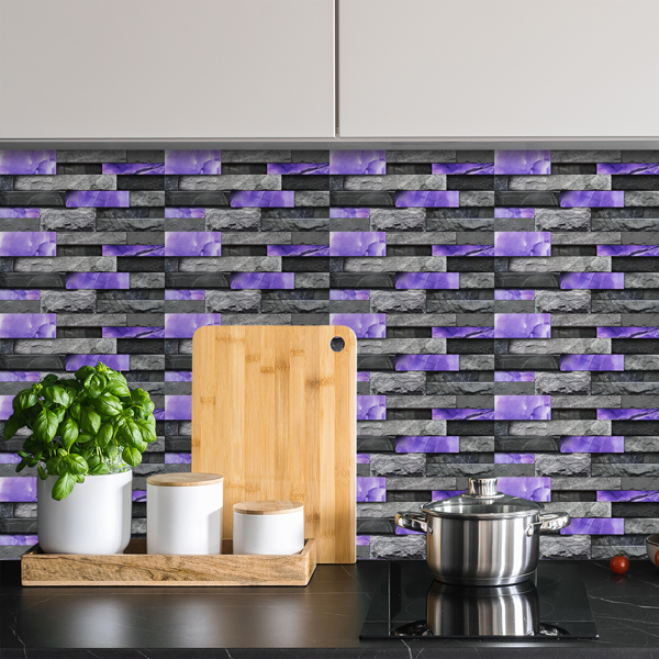 24 Sheets Peel and Stick Backsplash Marble Wall Tiles, Waterproof Oil-proof ,Purple Glossy Imitation Stone brick wall stickers , PVC Shower Wall Panels for Interior Wall Decor; Tile for Kitchen, Bathr-11