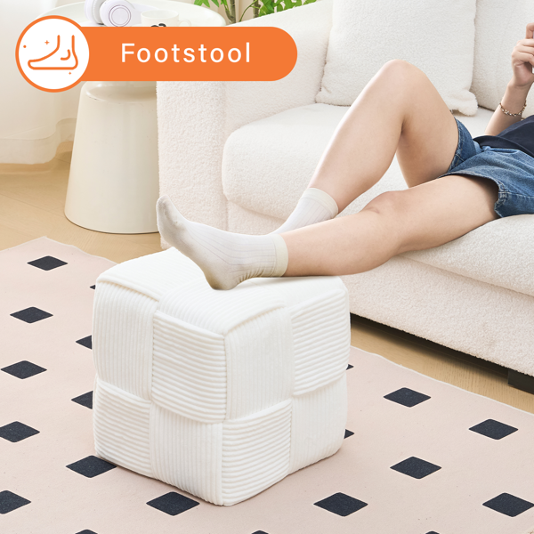 Square Ottoman Foot Stool Corduroy Vanity Chair Bench with Padded Woven Footrest for Entryway Living Room Hallway White-5
