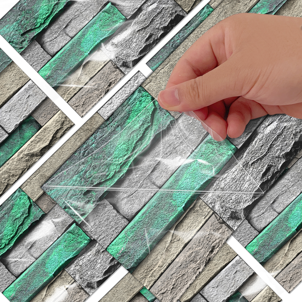 48 Pcs Green Brick Stone Pattern Peel And Stick Wallpaper Self-Adhesive,Detachable Without Leaving Glue,Water Resistant Oil-Proof Wall Paper For Bathroom, Kitchen, Home Decoration, Wall Renovation-7
