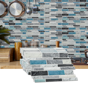 48 PCS Marbled Effect Waterproof Oil-Proof Peel And Stick Tile Stickers Blue Green For Kitchen Bathroom Laundry Room Wall Decor, Bathroom Wall Stickers Wall Decoration (12*24.6cm/4.72*9.68inch)