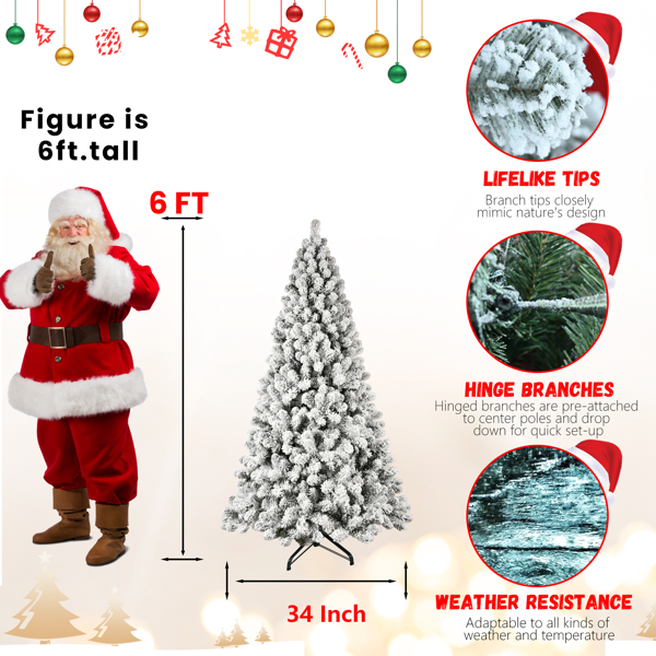 Artificial 6ft Flock LED-lit Christmas Tree with 779PVC Mixed Branch Tips,Hinged Premium & Foldable Base for Indoor Holiday Decorating-4