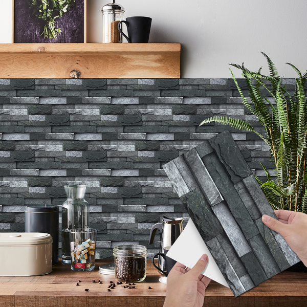 12 Pcs Black Gray Stone Brick Peel And Stick Wallpaper Home Decor Waterproof Self-Adhesive Stickers For Bathroom Kitchen Living Room Backsplash Detachable Without Leaving Glue Easy Installtion-2