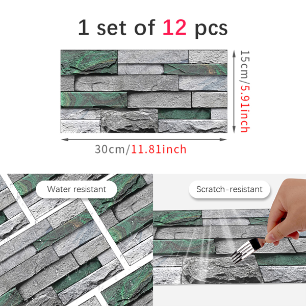 12 Pcs Realistic Green Stone Brick Peel And Stick Wallpaper Removable Self-Adhesive PVC Waterproof And Moisture-Proof Easy Diy Installation For Kitchen Backsplash, Walls, Bathroom Wall Decoration-4