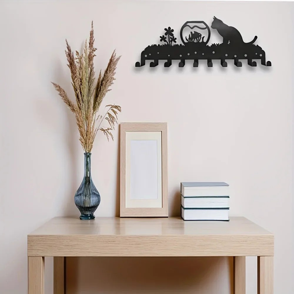 Adorable Kitty - Inspired Metal Wall - Mounted Rack Boasting 10 Hooks, Ideal Decorative Organizer for Walls. Practical and Stylish. Utility Hooks.-11