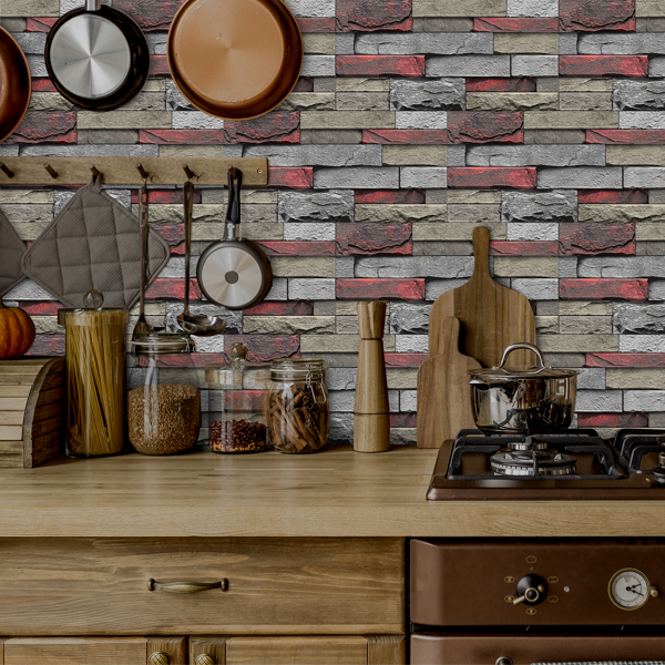 12 Pcs Red Stone Brick Marble Wall Sticker Peel And Stick Wallpaper,PVC Easy To Clean And Water Resistant , For Kitchen Bathroom Backsplash Wall Decoration,(5.91*11.81inch) Retro Wall Stickers-12