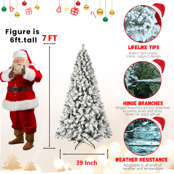 Artificial 7ft Flock LED-lit Christmas Tree with 1072PVC Mixed Branch Tips,Hinged Premium & Foldable Base for Indoor Holiday Decorating-3