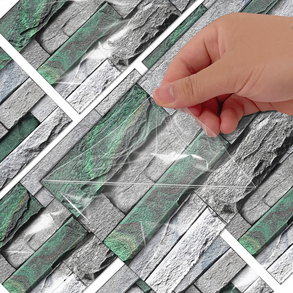 12 Pcs Realistic Green Stone Brick Peel And Stick Wallpaper Removable Self-Adhesive PVC Waterproof And Moisture-Proof Easy Diy Installation For Kitchen Backsplash, Walls, Bathroom Wall Decoration-8