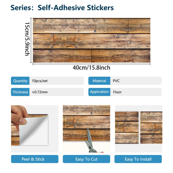 10 Pcs Wood Grain Self-Adhesive Peel And Stick Waterproof Wear Resistant Removable Floor Stickers For Living Room, Kitchen, Bedroom, Dormitory Makeover Floor Decoration, Floor Decoration Materials-3