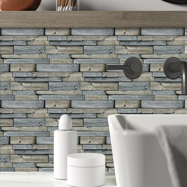 12 Pcs/Set Irregular Color Blocked Wood Grain Peel And Stick Wallpaper PVC Water Resistant  And Oil Proof Hanging Decorative Tiles For Kitchen Bathroom, 4.72*9.69inch Grey,Retro Wall Paper-7