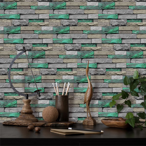 48 Pcs Green Brick Stone Pattern Peel And Stick Wallpaper Self-Adhesive,Detachable Without Leaving Glue,Water Resistant Oil-Proof Wall Paper For Bathroom, Kitchen, Home Decoration, Wall Renovation-11