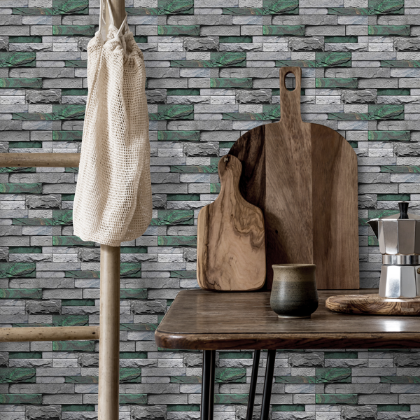 12 Pcs Realistic Green Stone Brick Peel And Stick Wallpaper Removable Self-Adhesive PVC Waterproof And Moisture-Proof Easy Diy Installation For Kitchen Backsplash, Walls, Bathroom Wall Decoration-14