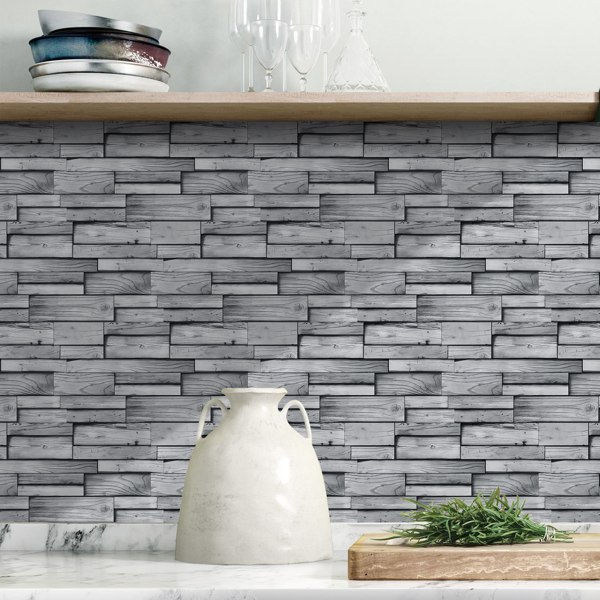 12Pcs Peel And Stick Grain Wallpaper Water resistant Oil-Proof Wall Tiles Stick On Kitchen Backsplash  Light Gray Bathroom Decor And Accessories Low Cost Wall Renovation,Rental Housing Wall Decoration-5