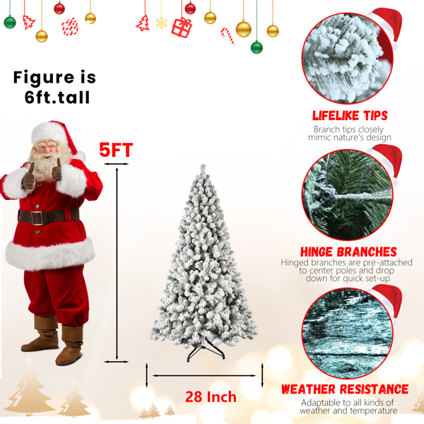 Artificial 5ft Flock LED-lit Christmas Tree with 551PVC Mixed Branch Tips,Hinged Premium & Foldable Base for Indoor Holiday Decorating-4