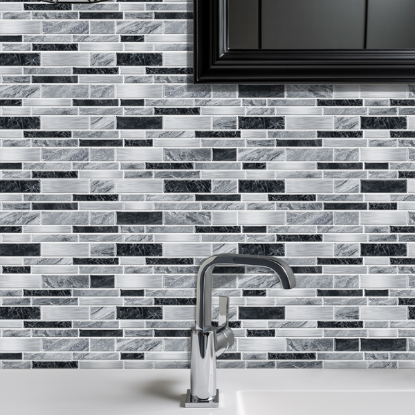 12 PCS Modern Style Alien Marble Pattern Effect PVC Stickers Peel And Stick Wallpaper Waterproof And Oil Resistant, Easy To Maintain Grey And Black Bathroom Kitchen Wall Decor|Interlocking Design-15