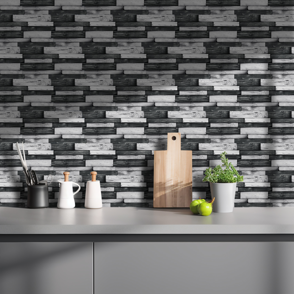 12 Pcs Peel & Stick Backsplash Wallpaper,PVC Dark Gray Irregular Wood Grain Hanging Decorative Tiles "4.72*9.69 inch" Self Adhesive Oil-Proof Stick On Wall Tiles For Kitchen Backspalsh Bathroom Wall-9