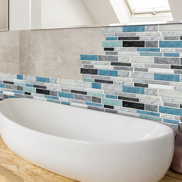 12 PCS Marbled Effect Waterproof Oil-Proof Peel And Stick Tile Stickers Blue Green For Kitchen Bathroom Laundry Room Wall Decor, Bathroom Wall Stickers Wall Decoration (12*24.6cm/4.72*9.68inch)-16