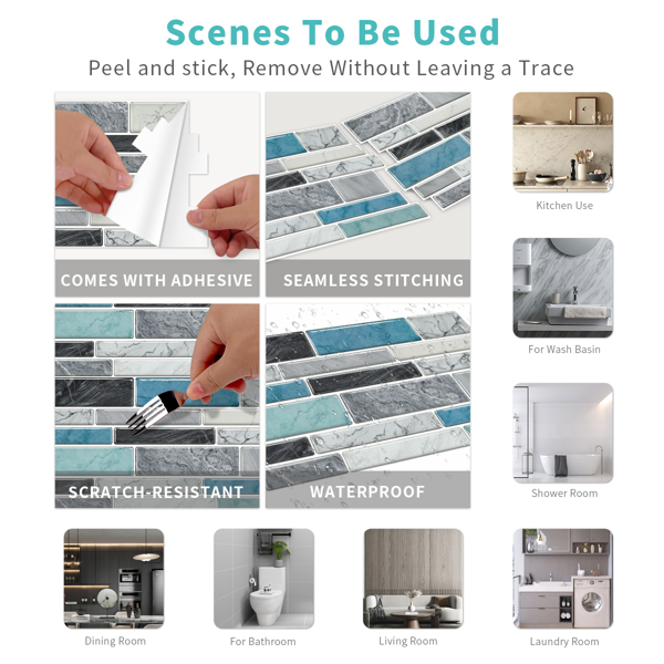 12 PCS Marbled Effect Waterproof Oil-Proof Peel And Stick Tile Stickers Blue Green For Kitchen Bathroom Laundry Room Wall Decor, Bathroom Wall Stickers Wall Decoration (12*24.6cm/4.72*9.68inch)-8