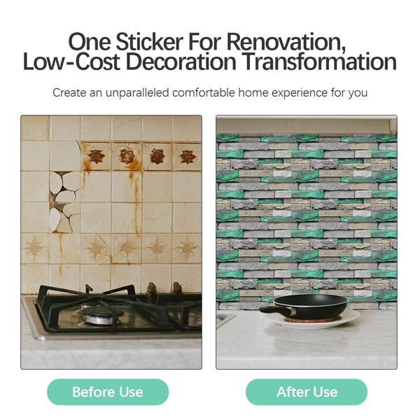 48 Pcs Green Brick Stone Pattern Peel And Stick Wallpaper Self-Adhesive,Detachable Without Leaving Glue,Water Resistant Oil-Proof Wall Paper For Bathroom, Kitchen, Home Decoration, Wall Renovation-3