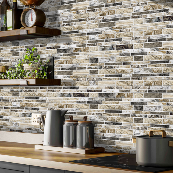 12 PCS Imitation Marble Pattern Taupe Kitchen Stickers Wallpaper Peel And Stick Self Adhesive Wall Stickers For Kitchen, Bathroom Back Panel/Renovation/Decoration Waterproof And Oil Resistant-14