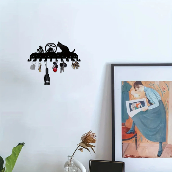 Adorable Kitty - Inspired Metal Wall - Mounted Rack Boasting 10 Hooks, Ideal Decorative Organizer for Walls. Practical and Stylish. Utility Hooks.-10