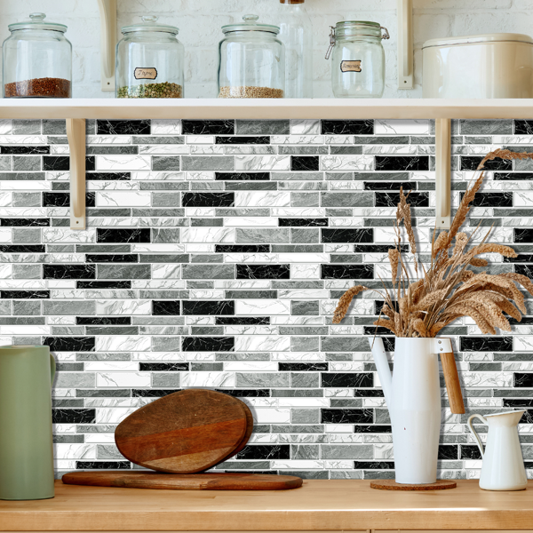 12 PCS Irregular PVC Black White Gray Marble Pattern Classic Imitation Tile Self Adhesive Peel And Stick Wallpaper For Kitchen Bathroom Wallpaper Waterproof Oil-Proof Wallpaper Easy To Install-14