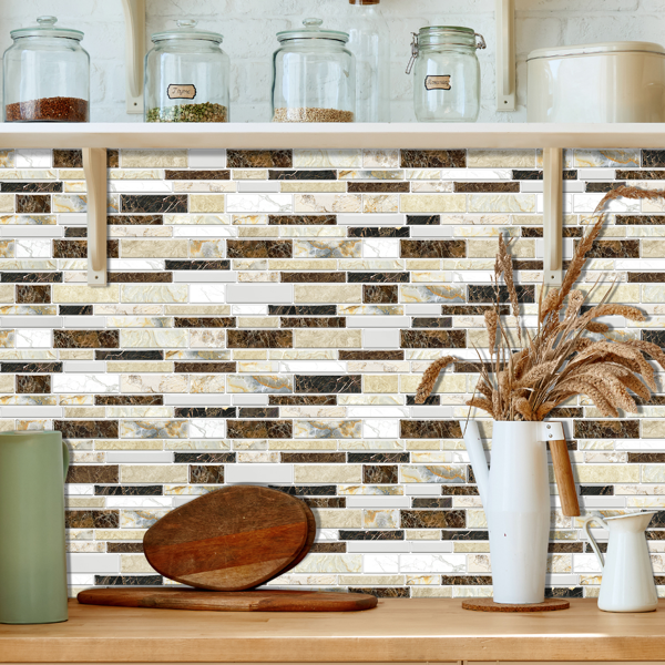12 PCS Classic Imitation Ceramic Tiles Peel And Stick Backsplash PVC Marble Tile Sticker Waterproof And Oil Proof,Easy To Maintain, Dark Brown Transfer Wall Stickers For Kitchen Bathroom,4.72*9.68inch-16