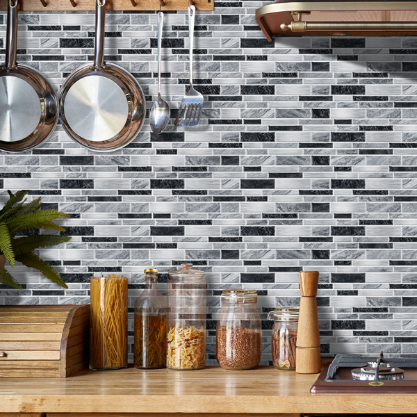 12 PCS Modern Style Alien Marble Pattern Effect PVC Stickers Peel And Stick Wallpaper Waterproof And Oil Resistant, Easy To Maintain Grey And Black Bathroom Kitchen Wall Decor|Interlocking Design-12